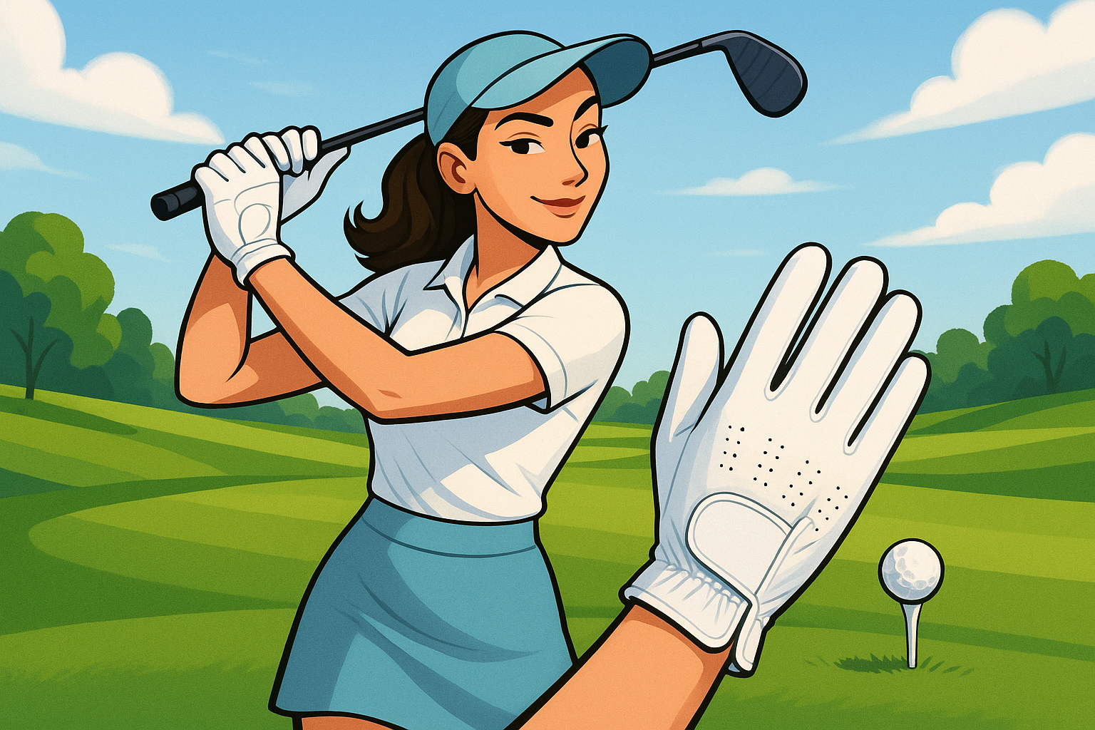 Create an image to highlight high quality golf gloves. Use a cartoon woman wearing white golf gloves hitting a golf ball off a tee on a golf course, with a modern, sophisticated but playful style